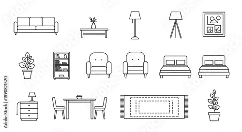 Modern Furniture and Home Decor Line Icons Set: Living Room, Bedroom, Dining Room Essentials, Interior Design Elements