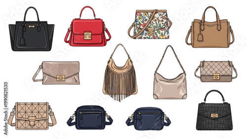 Color Line Luxury Handbag Collection Set Stylish Fashion Purses Tote Clutch Shoulder Bags Modern Accessories Vector Illustration