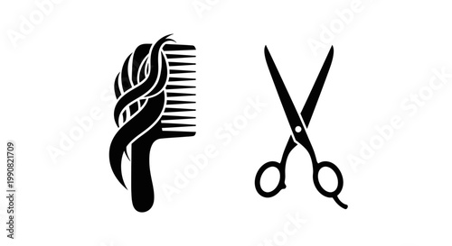 Black silhouette icons of a comb with hair and professional scissors on white background. Hairdressing, barber shop, beauty salon tools.
