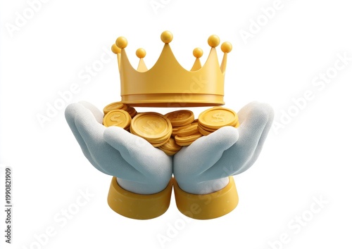 Cartoon hands holding golden coins under a shining crown