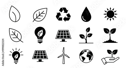Eco-Friendly and Renewable Energy Icons Set. Nature, Environment, Sustainability, Green Technology Symbols Collection on White Background.