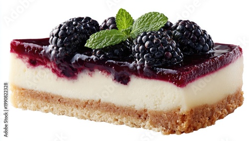Slice of blackberry cheesecake with a graham cracker crust and mint garnish