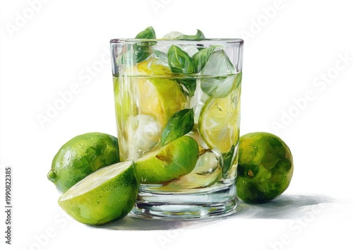 Refreshing drink with limes, ice, and basil leaves in a clear glass