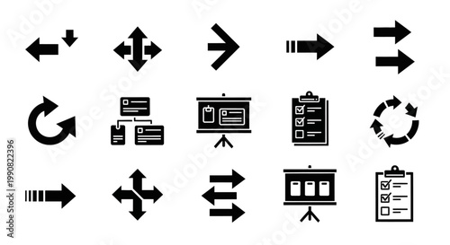 Set of black vector icons including various arrows, presentation screens, checklists, and diagram elements for web and business design