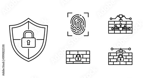 Cybersecurity Line Icons Set: Data Protection, Digital Privacy, Biometric Fingerprint Scan, Firewall, and Secure Network Access