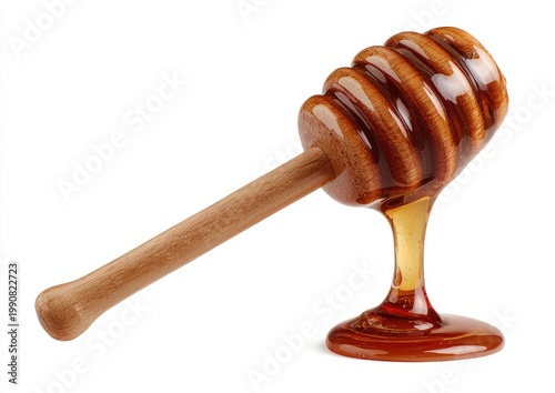 Wooden honey dipper with viscous golden liquid dripping onto a white surface