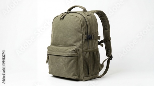 A sturdy olive green backpack standing alone on a plain white background