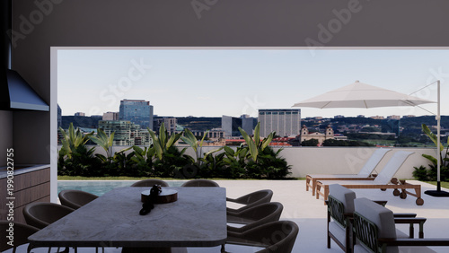 Modern Covered Rooftop Terrace with Dining Area, Pool, and City Skyline View