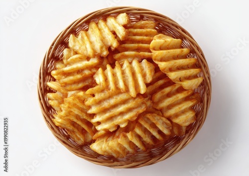 Woven basket overflowing with golden, ridged potato chips