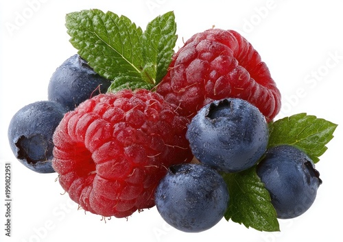 A vibrant pile of fresh raspberries and blueberries with mint leaves