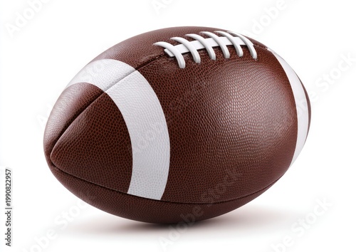 Classic brown leather oval ball with white laces and stripes on white