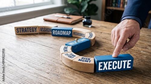 A hand placing a block with the word EXECUTE in a curved puzzle on a wooden desk in an office setting.