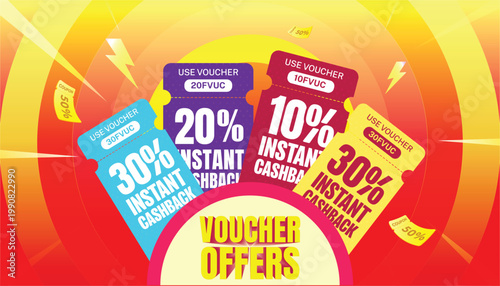 Promotional banner featuring discount vouchers offering instant cashback. Set against a vibrant yellow and orange sunburst background.