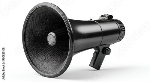 Sleek black megaphone with wide bell, isolated on white. Loudspeaker
