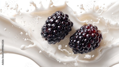 Two dark berries suspended mid-air within a creamy white liquid splash