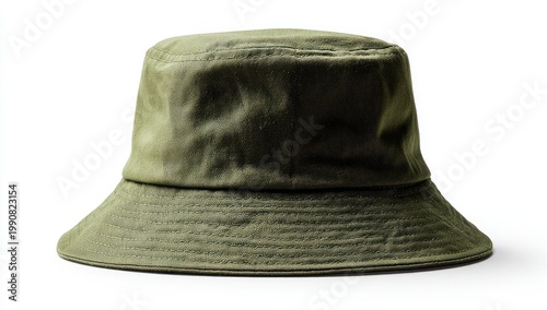 A solid olive green canvas bucket hat with a wide brim on a white background