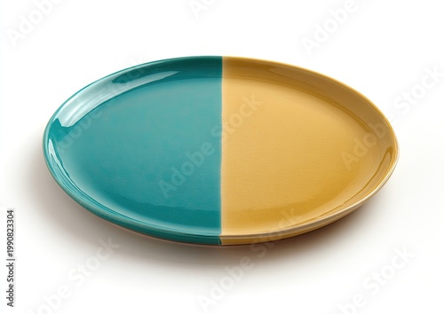 Oval ceramic dish, split teal and mustard yellow, glossy finish