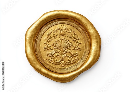 Ornate golden wax seal with raised floral relief on a white background