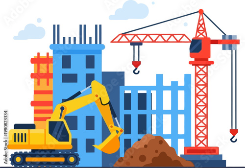 Construction Site with Crane and Excavator Building a Skyscraper.