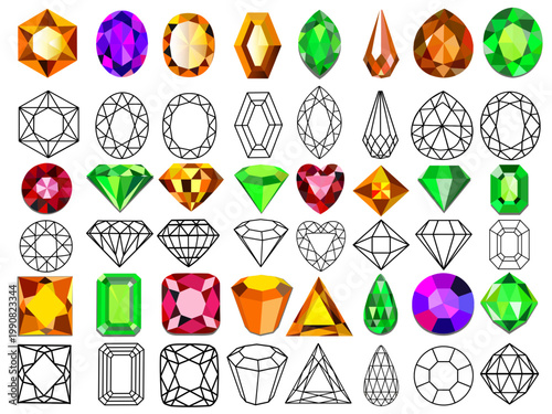 Geometric faceted gemstones in black and white line art style for jewelry design and illustrations and their color counterparts.