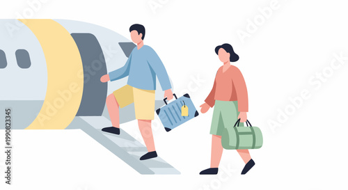 Couple boarding airplane with luggage for travel vacation.