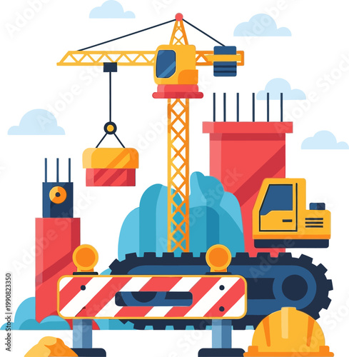 Construction Site with Crane, Truck, and Safety Equipment Illustration.