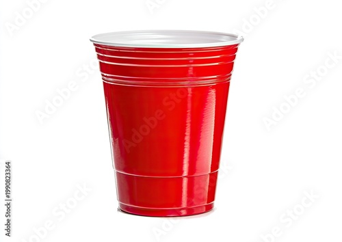 A red plastic cup with horizontal ridges and a white rim, isolated on white