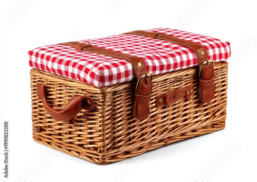 Woven basket with red gingham cushion, leather straps, and handle