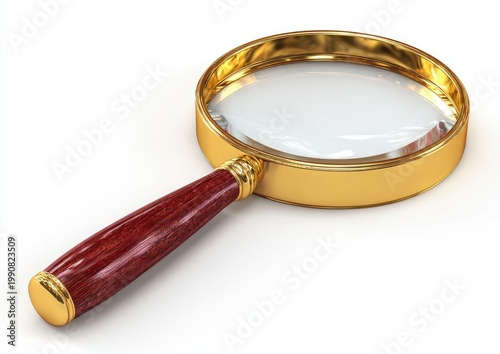 Ornate golden magnifying glass with polished wooden handle on white