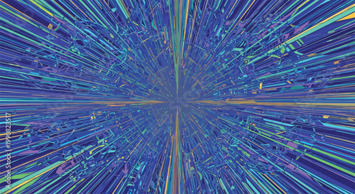 Dynamic abstract burst of radiating lines and geometric fragments in deep blue and vibrant green creating a sense of rapid movement.