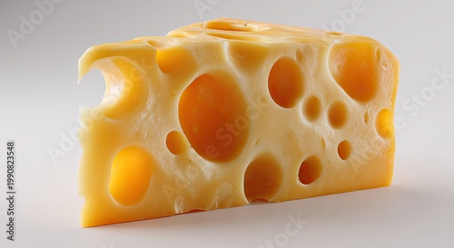 Wedge of Swiss cheese with prominent holes, creamy yellow surface, against white