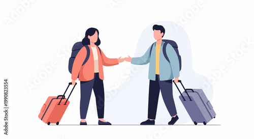 Couple holding hands with luggage ready for travel adventure.