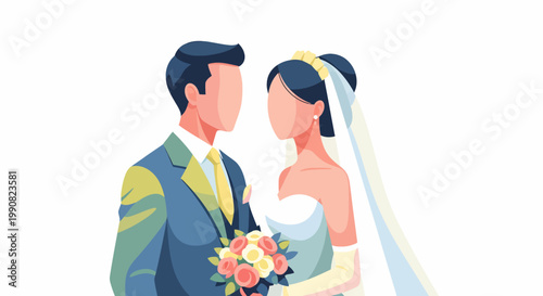 Couple in Wedding Attire Holding Flowers.