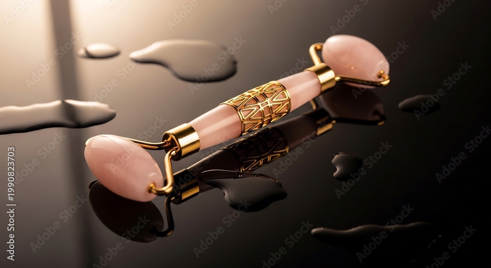 Naklejka premium Elegant Rose Quartz Facial Roller with Gold Accents on Wet Black Surface.