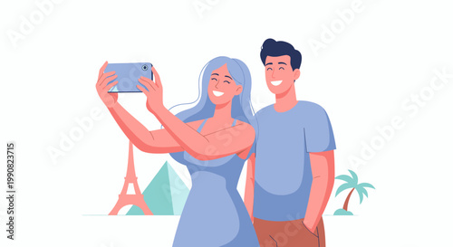 Couple taking a selfie during their vacation with iconic landmarks in the background.