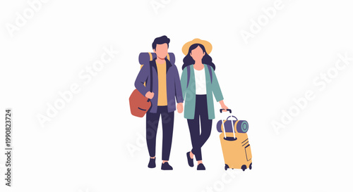 Couple Traveling Together With Backpacks and Suitcase.
