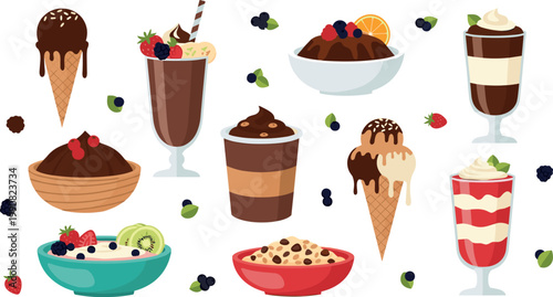 Chocolate desserts and ice cream treats set with parfait shakes bowls and cones sweet food vector illustration collection