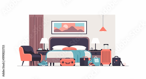 Cozy Hotel Room Interior with Luggage Ready for Travel.