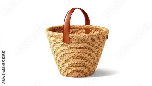 Woven straw bucket bag with leather handle, isolated on white background