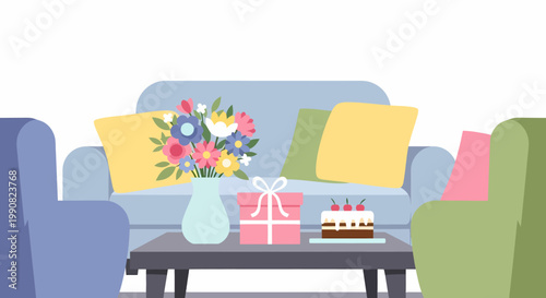 Cozy Living Room Scene with Birthday Cake and Gift.
