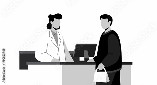 Customer interacts with pharmacist at pharmacy counter.