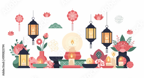 Decorative Lanterns and Flowers Arrangement.