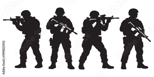 Military soldier silhouettes set, special forces tactical team with rifles vector, armed infantry squad in combat gear for gaming and security design