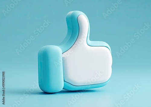 3D blue and white thumbs-up icon on a pastel blue background