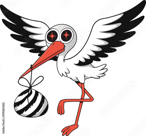 stork carrying baby bundle flat design vector illustration