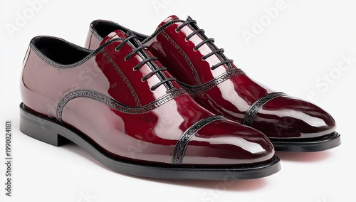 Gleaming burgundy cap-toe oxfords with black laces and detailed perforations