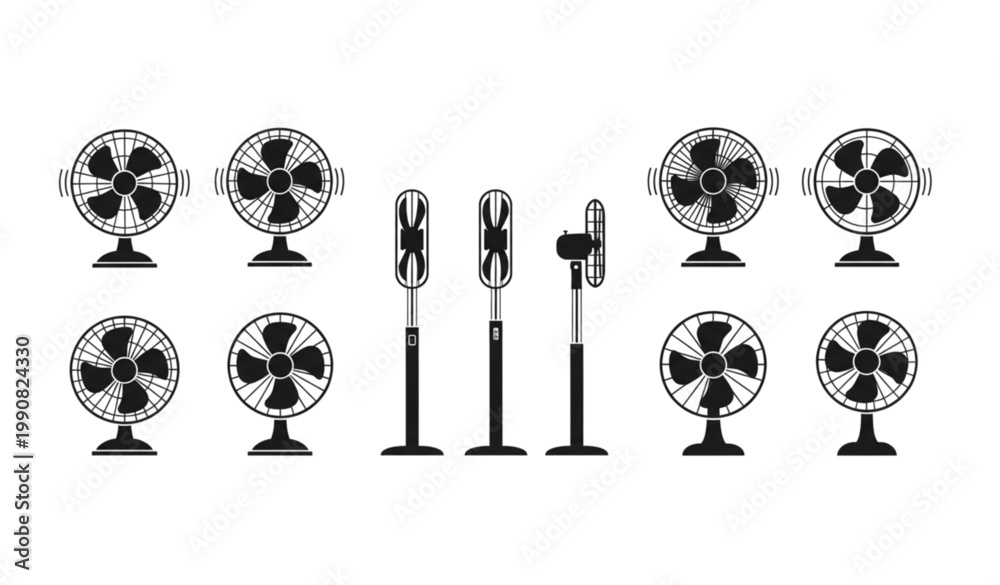 Obraz premium Stand fan vector set with floor ventilator designs black household cooling appliances isolated on white background