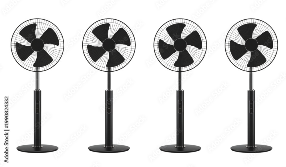 Obraz premium Minimal stand fan lineup with modern floor ventilator design sleek black cooling appliance vector set