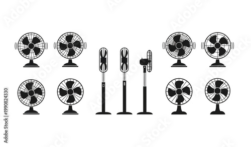 Stand fan vector set with floor ventilator designs black household cooling appliances isolated on white background