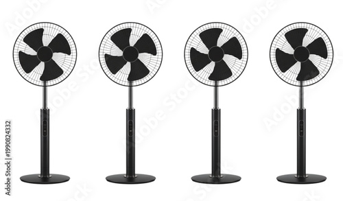 Minimal stand fan lineup with modern floor ventilator design sleek black cooling appliance vector set